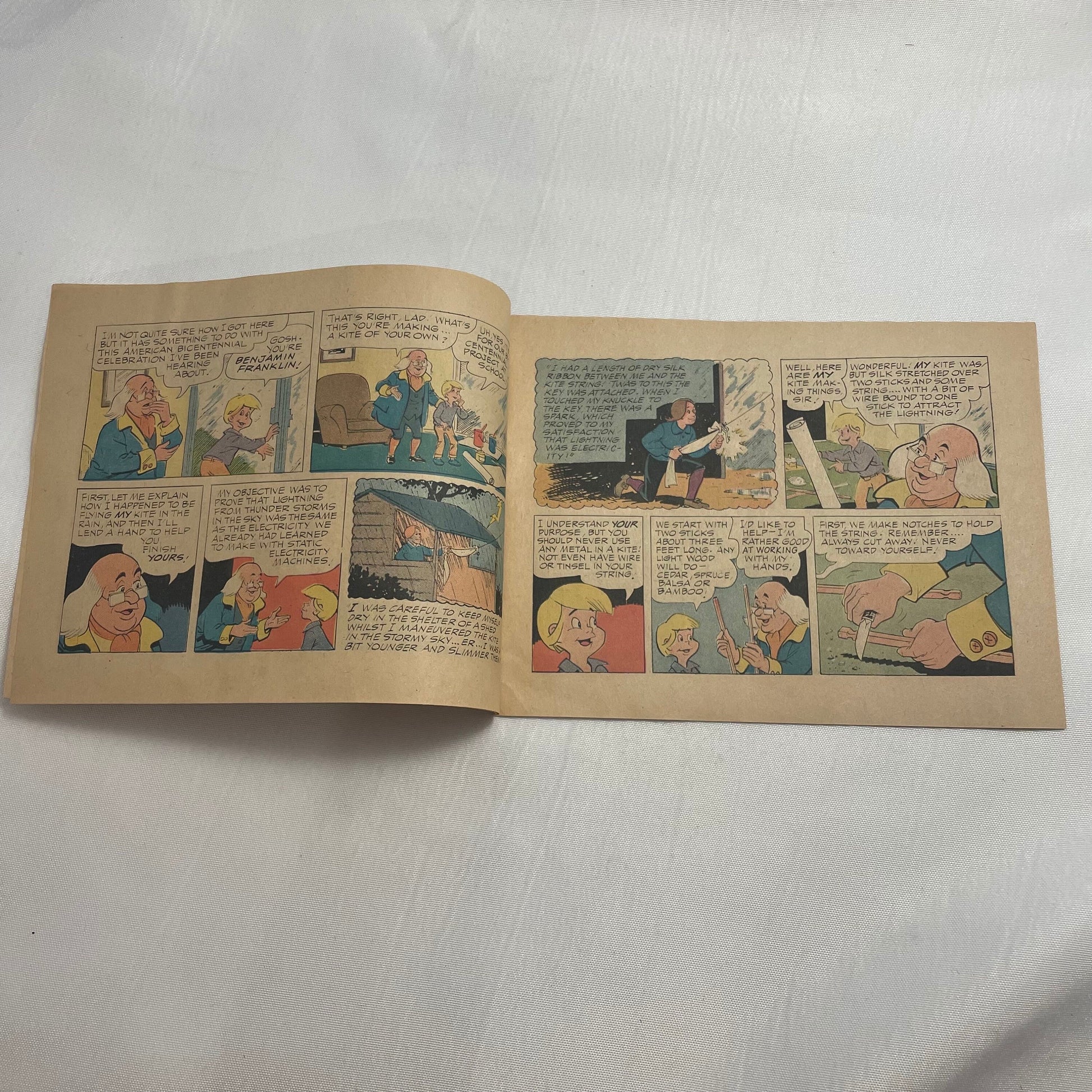 Ben Franklin Kite Fun Book Comic 1975, Vintage Cartoon Storybook, Historical Children's Literature, Educational Reading