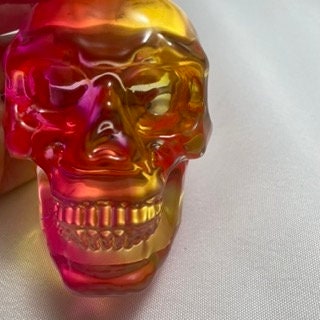 Pink Orange Yellow Skull Sculpture, Colorful Celluloid Skull Decor, Halloween Decor, Unique Skull Figurine, Home Office Decor