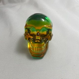 Green Orange Celluloid Skull Carving, Unique Skull Sculpture, Halloween Decor, Spooky Home Decor, Skull Collectible