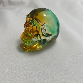 Green Orange Celluloid Skull Carving, Unique Skull Sculpture, Halloween Decor, Spooky Home Decor, Skull Collectible