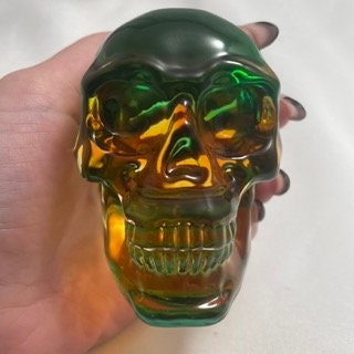 Green Orange Celluloid Skull Carving, Unique Skull Sculpture, Halloween Decor, Spooky Home Decor, Skull Collectible