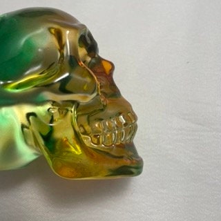 Green Orange Celluloid Skull Carving, Unique Skull Sculpture, Halloween Decor, Spooky Home Decor, Skull Collectible