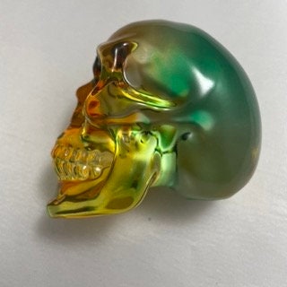 Green Orange Celluloid Skull Carving, Unique Skull Sculpture, Halloween Decor, Spooky Home Decor, Skull Collectible