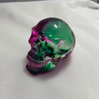 Purple Green Celluloid Skull Carving Sculpture, Unique Halloween Decor, Spooky Home Decor, Creepy Statue, Goth Skull Art