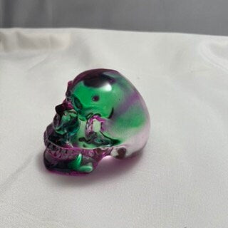 Purple Green Celluloid Skull Carving Sculpture, Unique Halloween Decor, Spooky Home Decor, Creepy Statue, Goth Skull Art