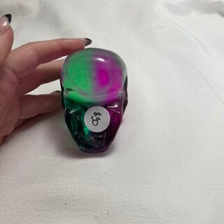 Purple Green Celluloid Skull Carving Sculpture, Unique Halloween Decor, Spooky Home Decor, Creepy Statue, Goth Skull Art