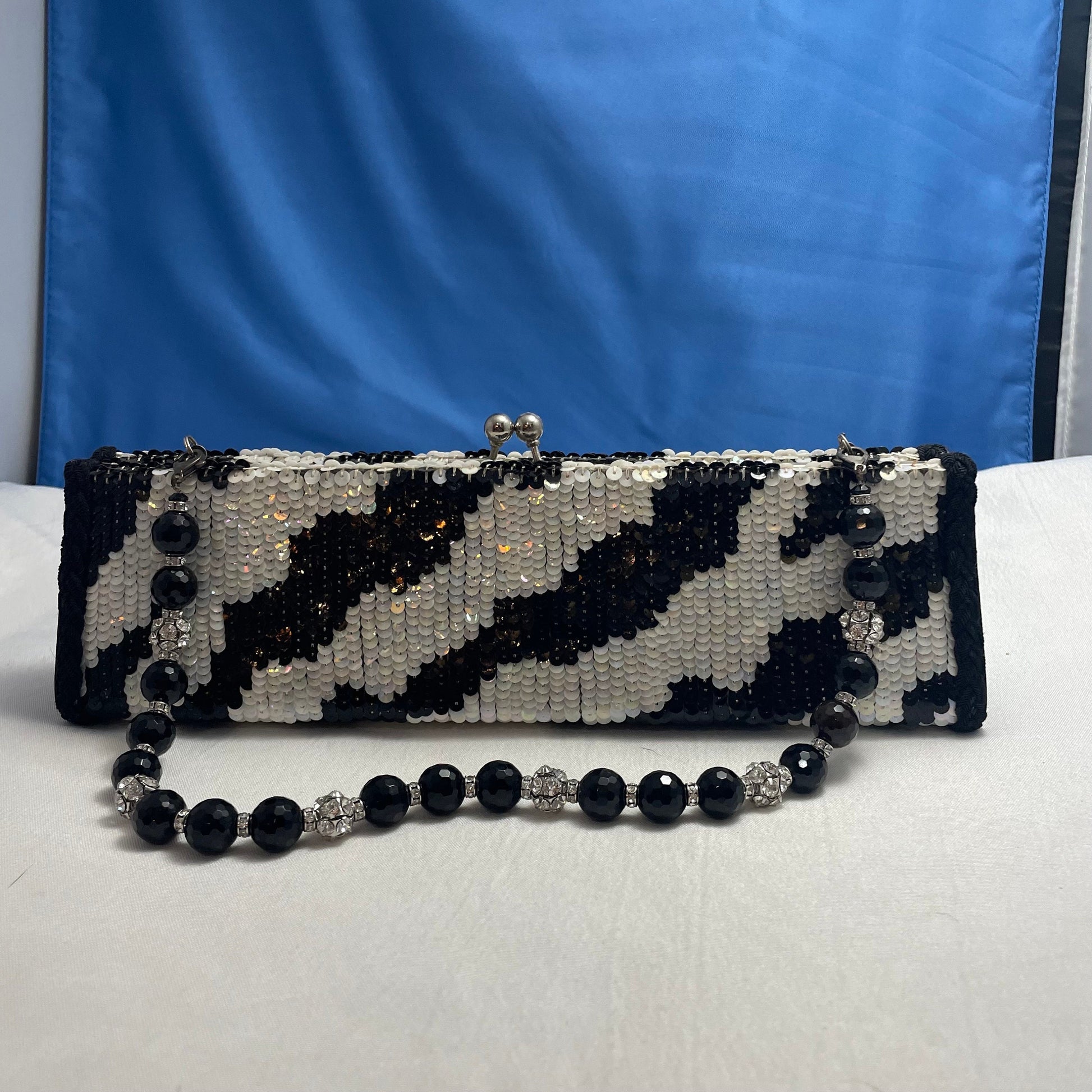 Zebra Print Sequin Shoulder Bag with Beaded Strap, Crossbody Purse, Sparkly Handbag, Evening Bag, Party Clutch