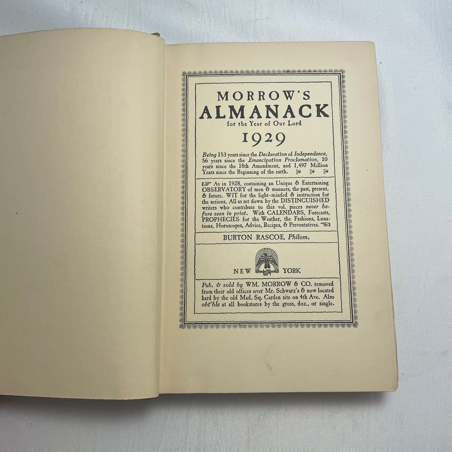 Vintage 1929 Morrow's Almanack by Burton Rascoe, Historical Reference Book, Collectible Almanac, Antique Book Lover Gift