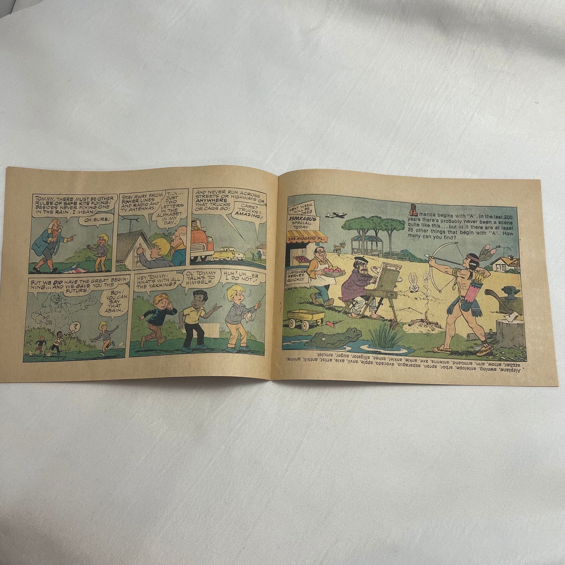 Ben Franklin Kite Fun Book Comic 1975, Vintage Cartoon Storybook, Historical Children's Literature, Educational Reading