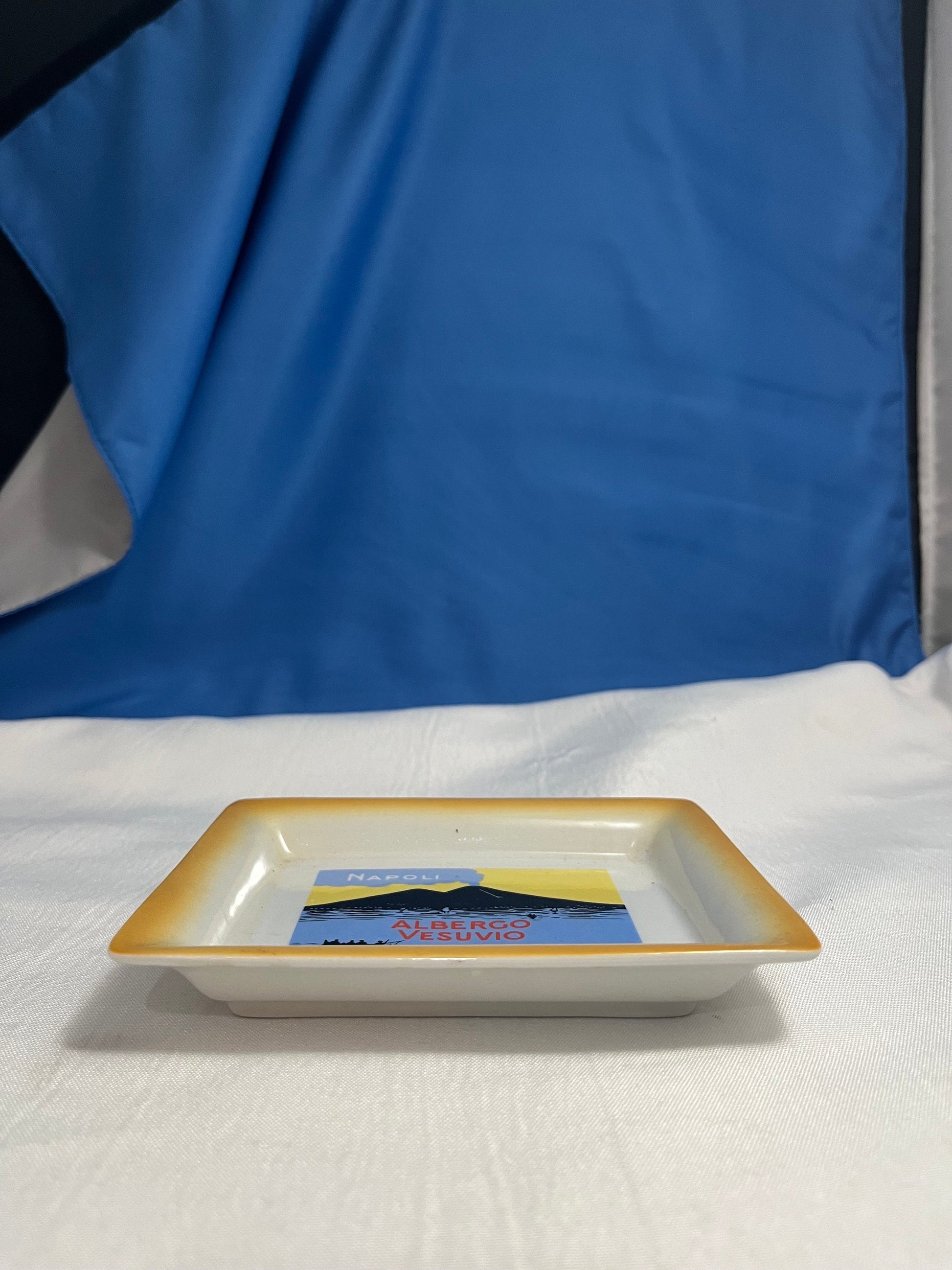 Vintage Yellow, Blue, Black, and Red Italian Ceramic Ashtray, Naples (Napoli) Italy, Albergo Vesuvio, Grand Hotel Vesovio, Retro Home Decor