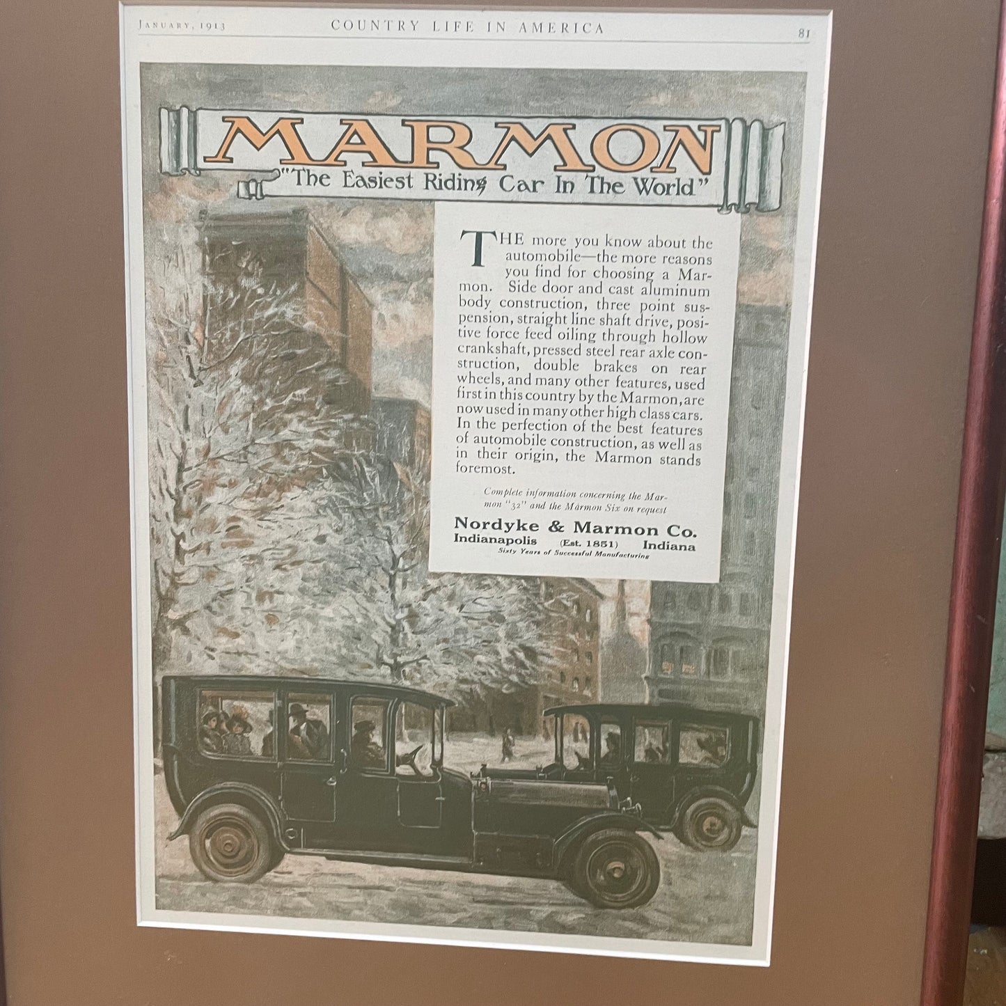 Vintage Marmon Car Advertisement 1913, Framed Wall Art Decor, Antique Car Print, Automotive Memorabilia, Garage Decor