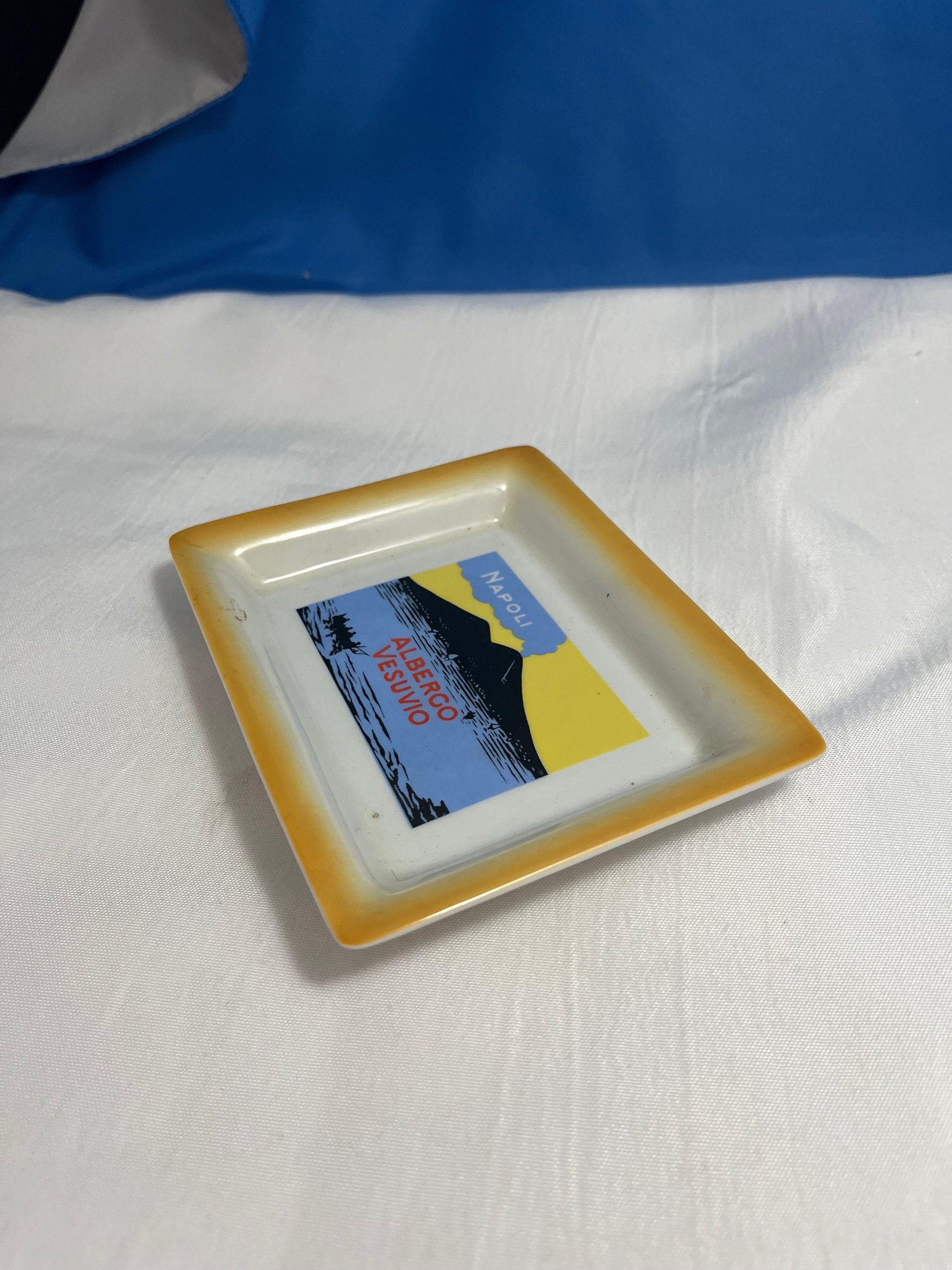 Vintage Yellow, Blue, Black, and Red Italian Ceramic Ashtray, Naples (Napoli) Italy, Albergo Vesuvio, Grand Hotel Vesovio, Retro Home Decor