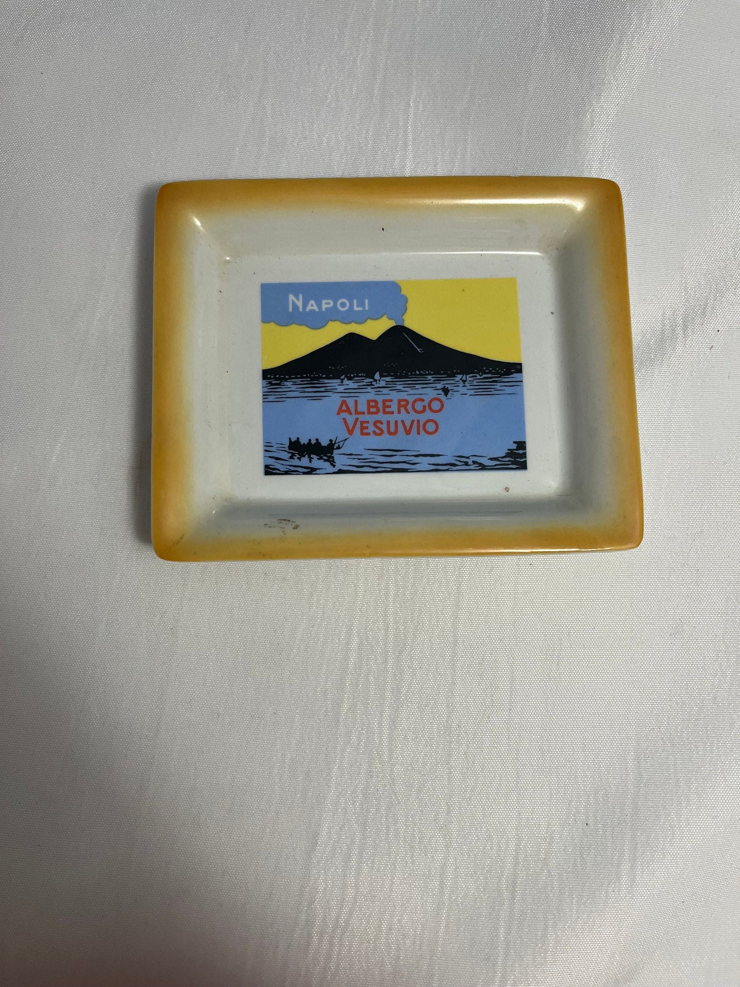 Vintage Yellow, Blue, Black, and Red Italian Ceramic Ashtray, Naples (Napoli) Italy, Albergo Vesuvio, Grand Hotel Vesovio, Retro Home Decor