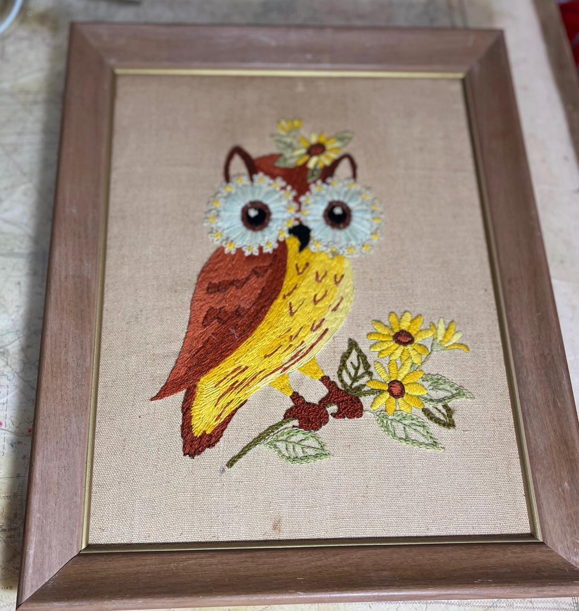 Framed Owl Needlepoint Wall Hanging, 70s Retro Art Decor, Vintage Bird Embroidery, Textile Artwork, Unique Home Decor