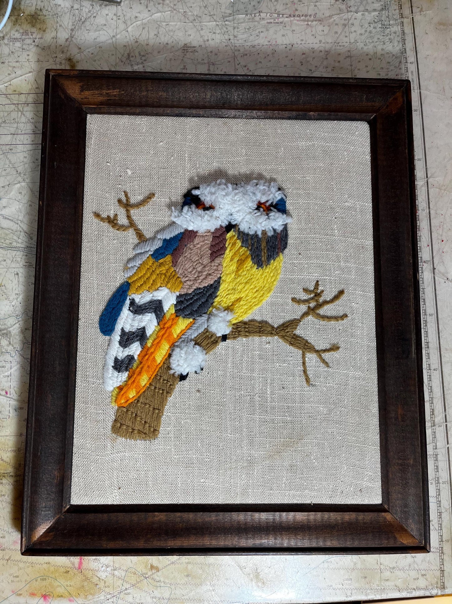 Framed Tawny Owl Needlepoint Wall Hanging, 70s Retro Art Decor, Vintage Bird Embroidery, Textile Artwork, Unique Home Decor