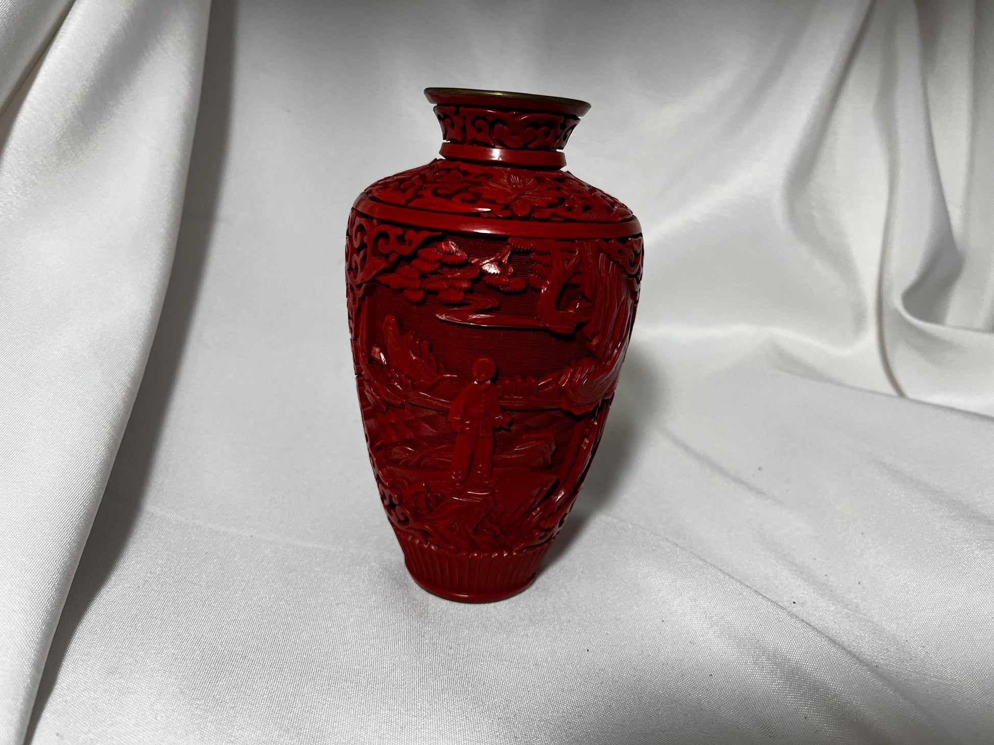 Vintage Chinese Cinnabar Vase, Hand Carved Floral Design, Blue Enamel Accent, Gift