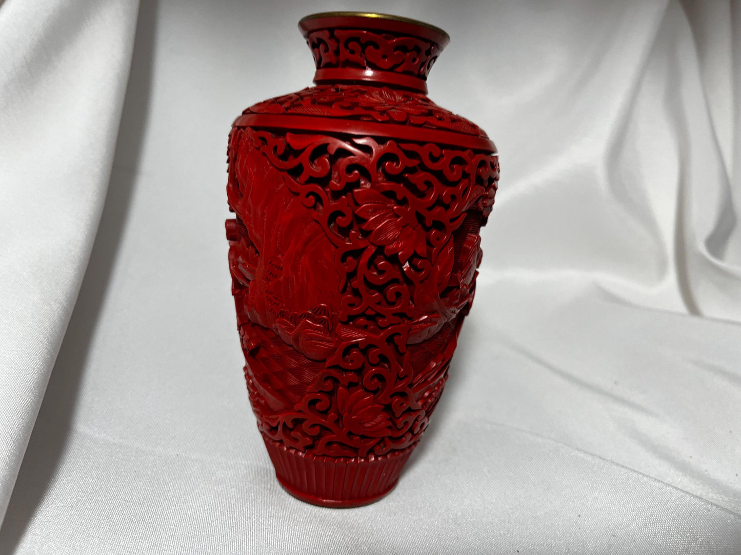 Vintage Chinese Cinnabar Vase, Hand Carved Floral Design, Blue Enamel Accent, Gift