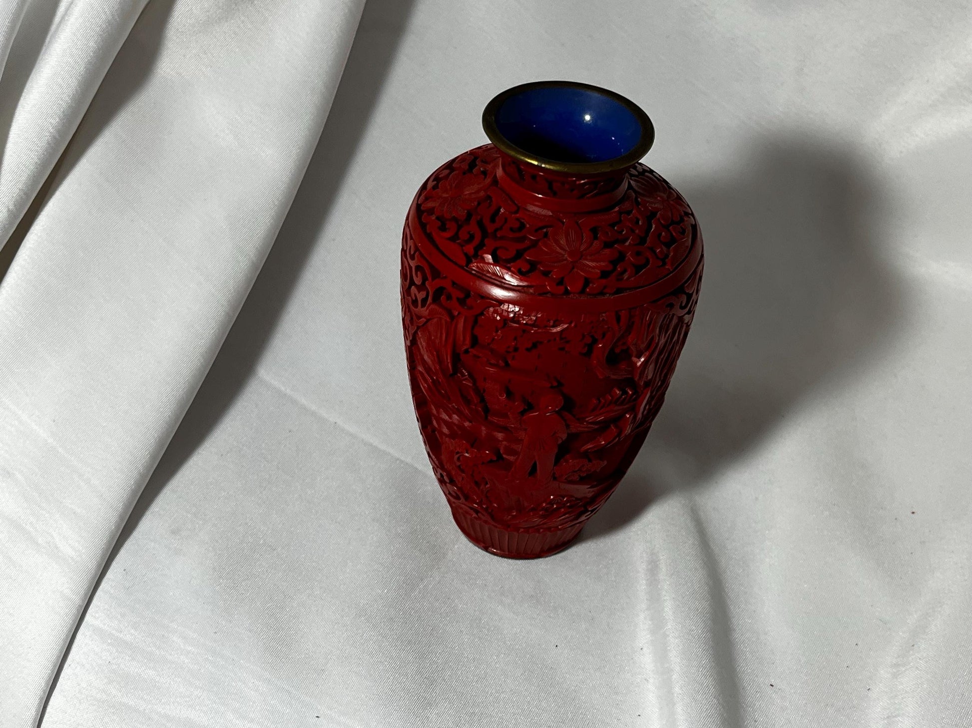 Vintage Chinese Cinnabar Vase, Hand Carved Floral Design, Blue Enamel Accent, Gift