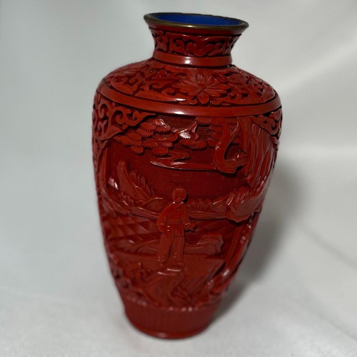 Vintage Chinese Cinnabar Vase, Hand Carved Floral Design, Blue Enamel Accent, Gift