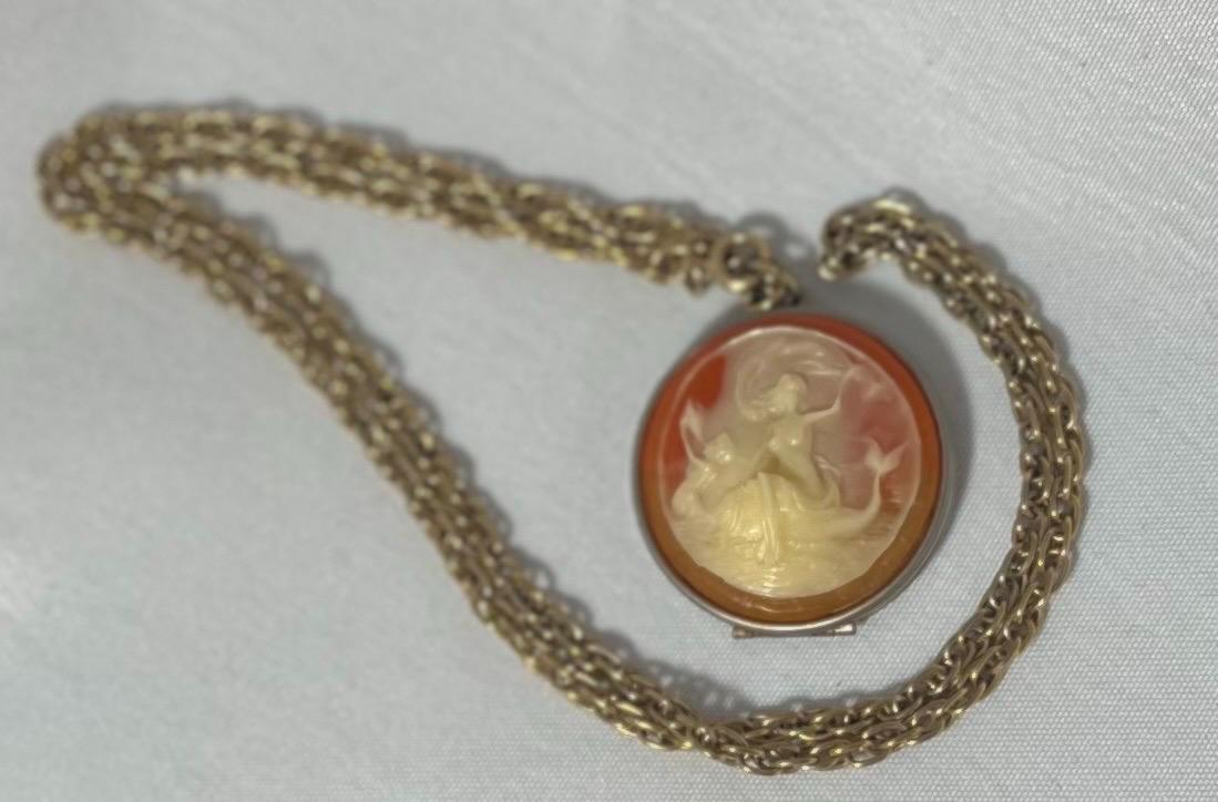 Vintage Mermaid Cameo Locket Necklace, Gold Tone Chain, 1920s Pendant Jewelry