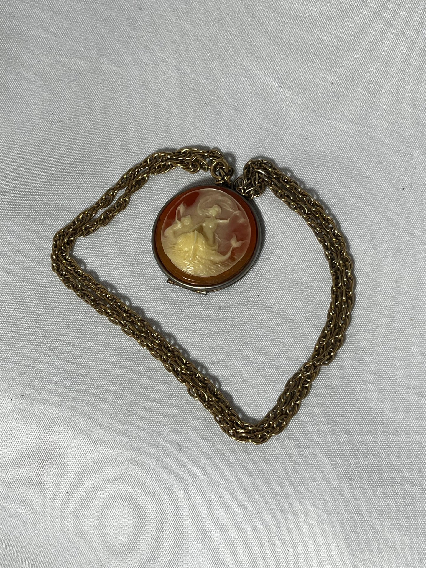 Vintage Mermaid Cameo Locket Necklace, Gold Tone Chain, 1920s Pendant Jewelry