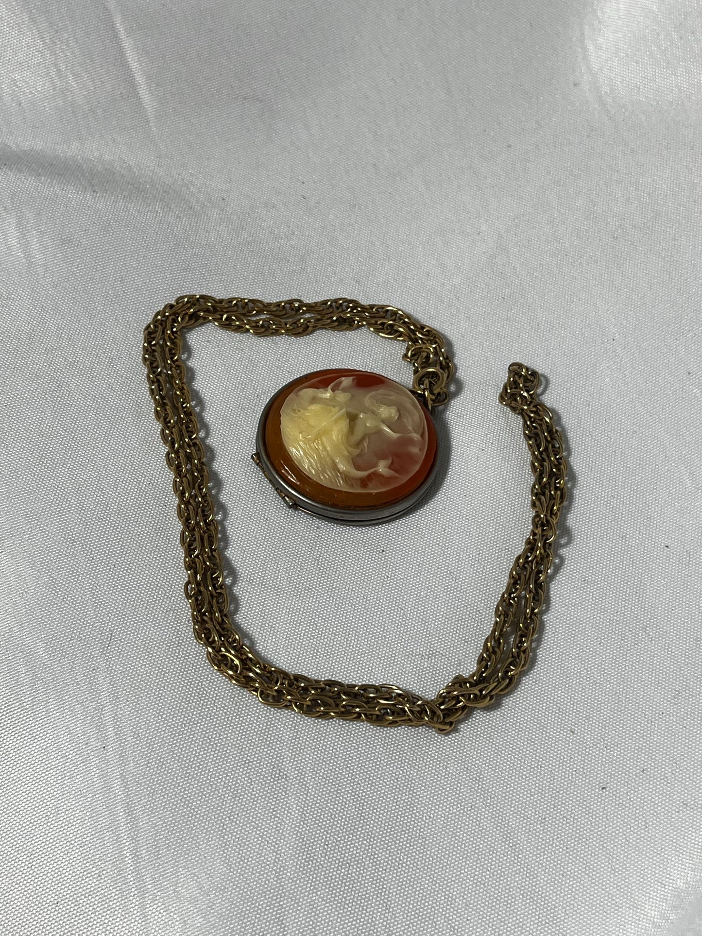 Vintage Mermaid Cameo Locket Necklace, Gold Tone Chain, 1920s Pendant Jewelry