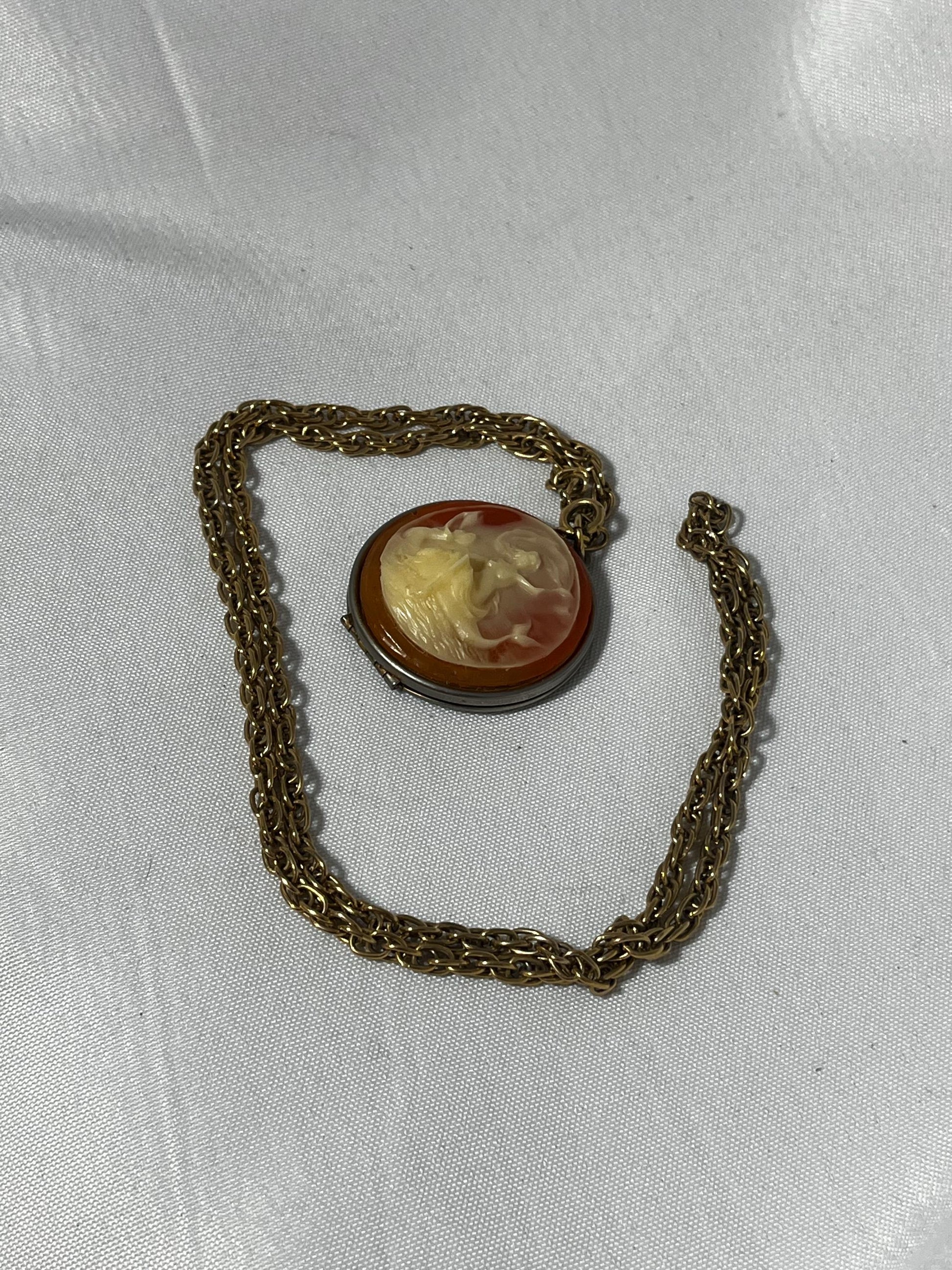 Vintage Mermaid Cameo Locket Necklace, Gold Tone Chain, 1920s Pendant Jewelry