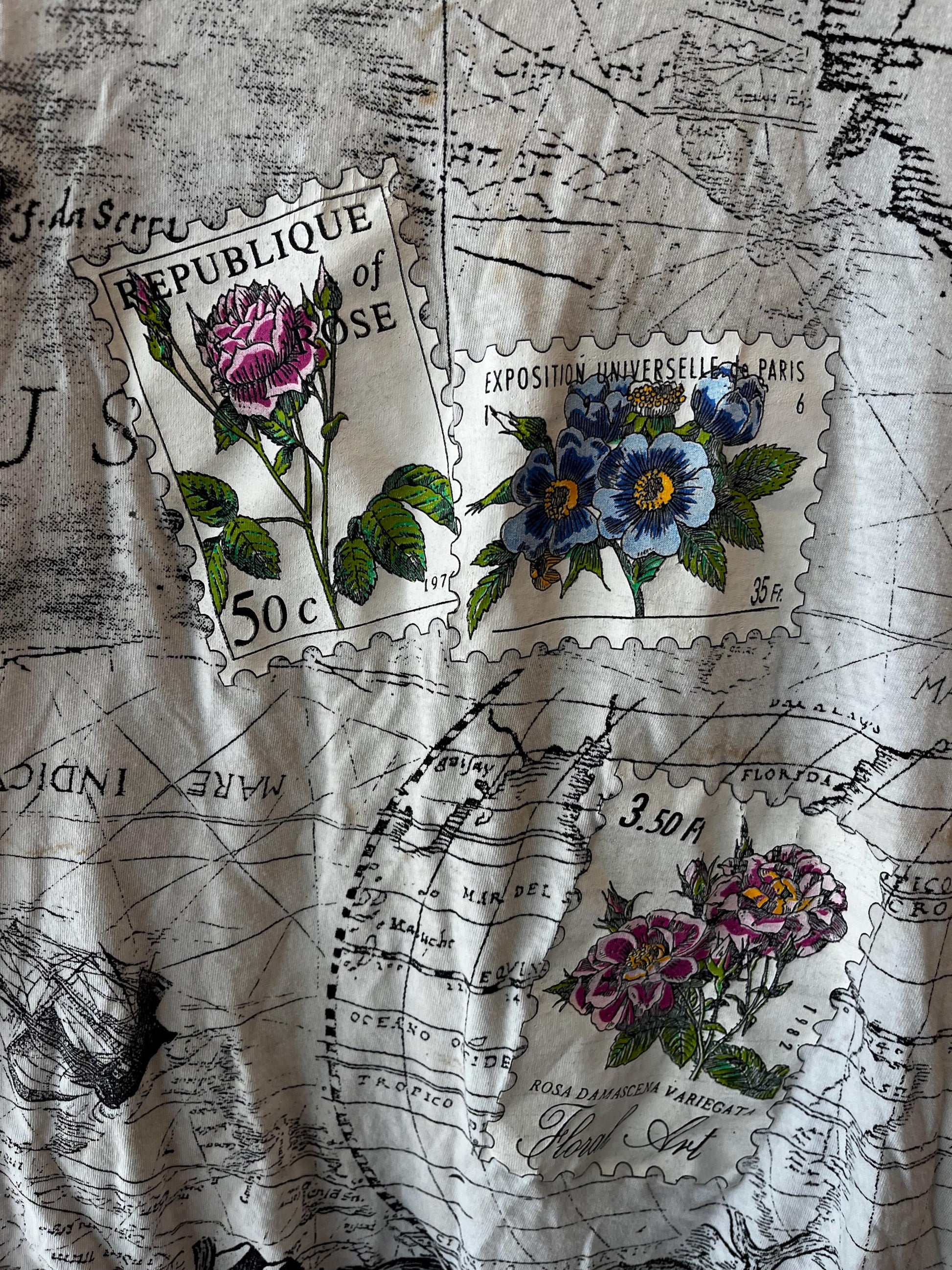 Vintage AOP Map Ocean Flower Stamp Tee, Graphic T-shirt, Map Shirt, Single Stitch Tee, Retro Style