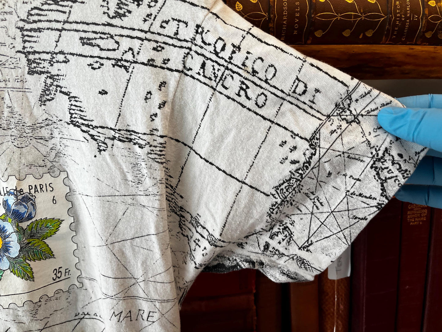 Vintage AOP Map Ocean Flower Stamp Tee, Graphic T-shirt, Map Shirt, Single Stitch Tee, Retro Style