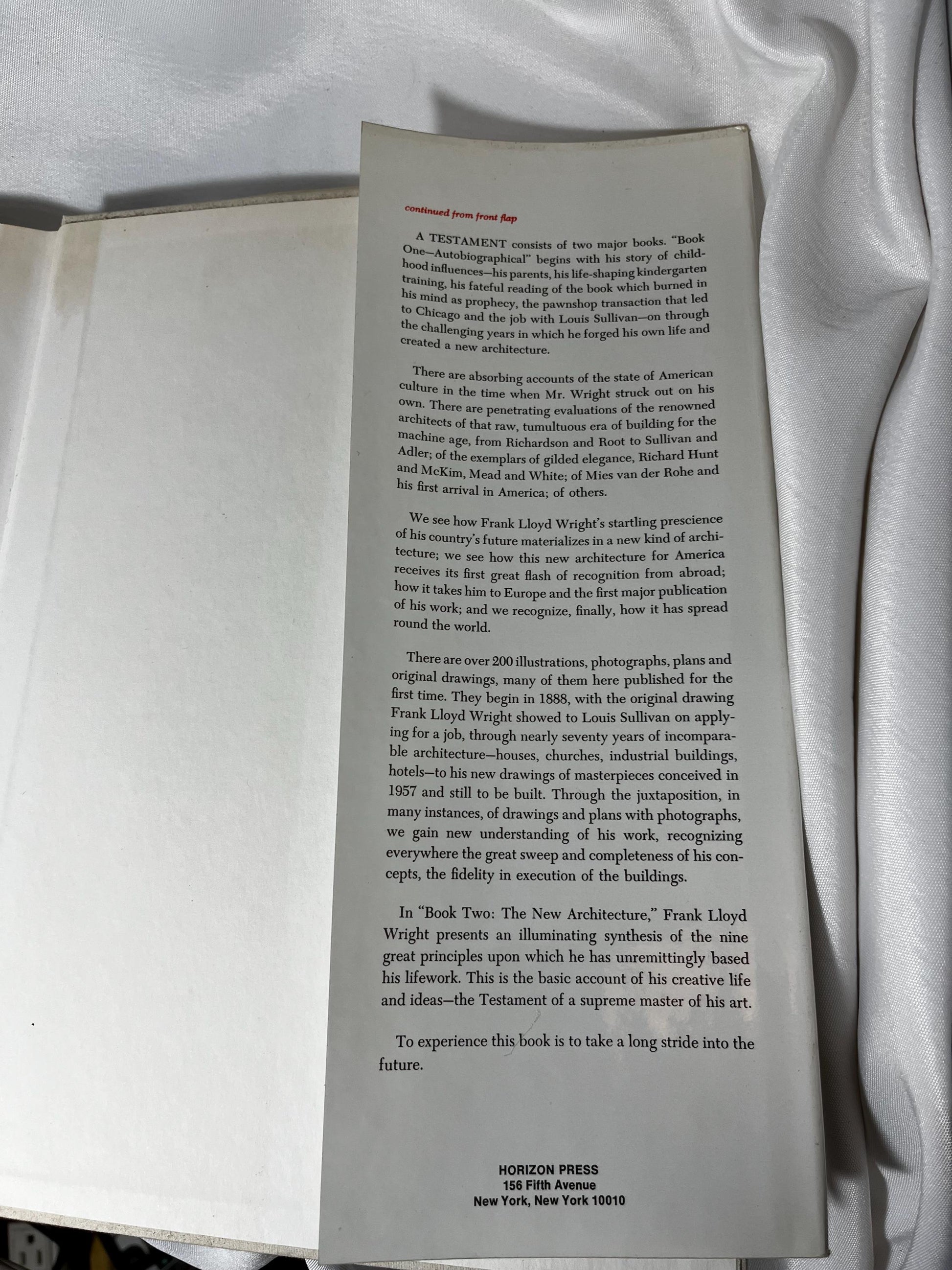 A Testament by Frank Lloyd Wright Hardcover 1957 First Edition, Architecture History Book