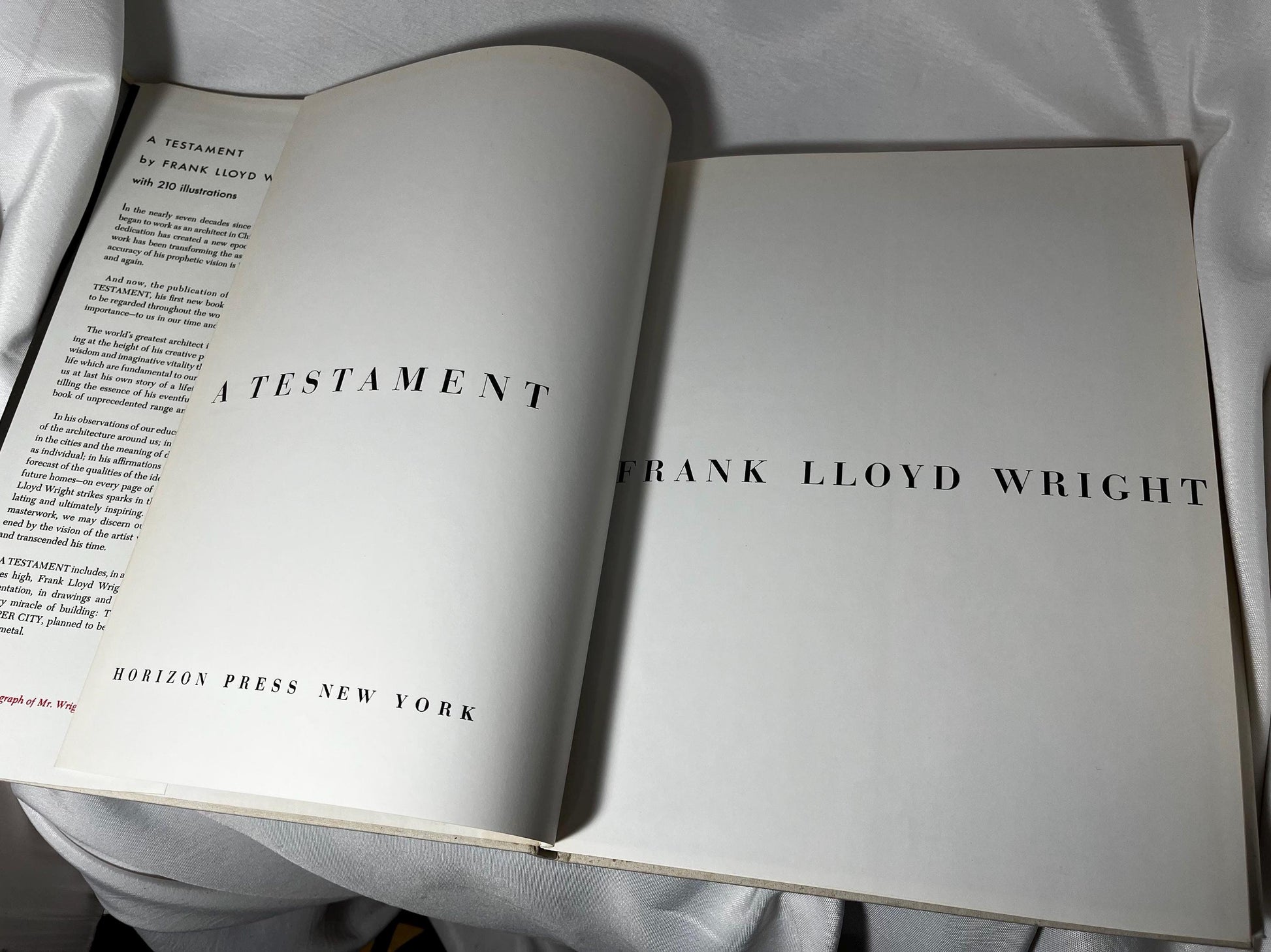 A Testament by Frank Lloyd Wright Hardcover 1957 First Edition, Architecture History Book