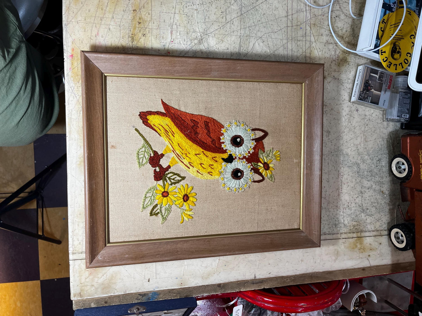 Framed Owl Needlepoint Wall Hanging, 70s Retro Art Decor, Vintage Bird Embroidery, Textile Artwork, Unique Home Decor