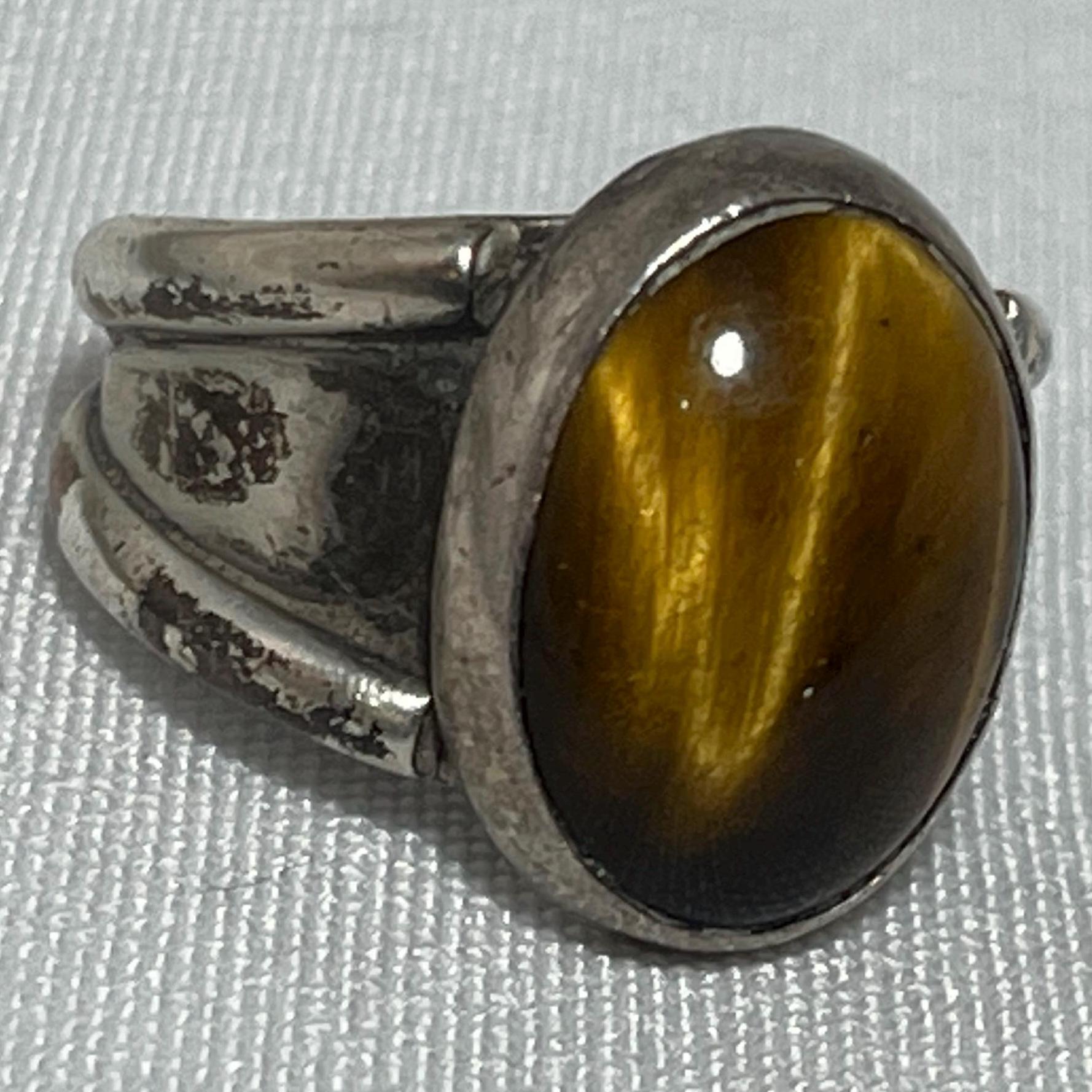 Vintage Tiger's Eye Silver Ring, 70s Boho Statement Ring, Handcrafted Women's Jewelry, Retro Gift