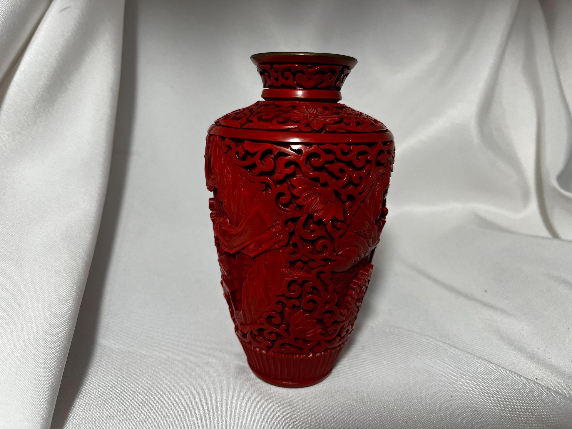 Vintage Chinese Cinnabar Vase, Hand Carved Floral Design, Blue Enamel Accent, Gift