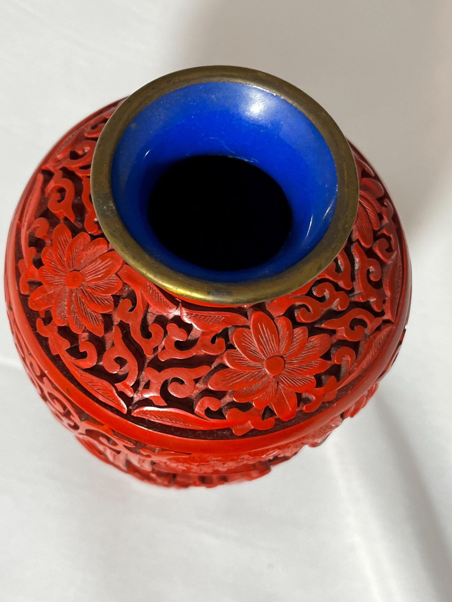 Vintage Chinese Cinnabar Vase, Hand Carved Floral Design, Blue Enamel Accent, Gift