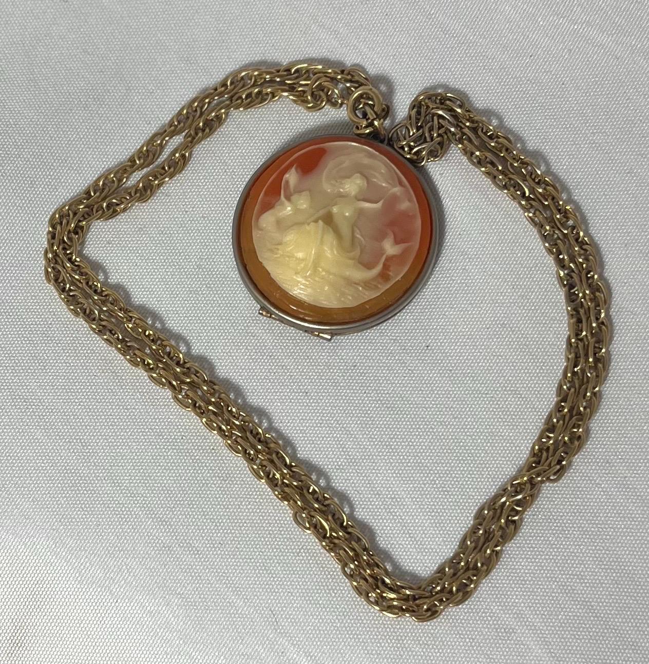 Vintage Mermaid Cameo Locket Necklace, Gold Tone Chain, 1920s Pendant Jewelry