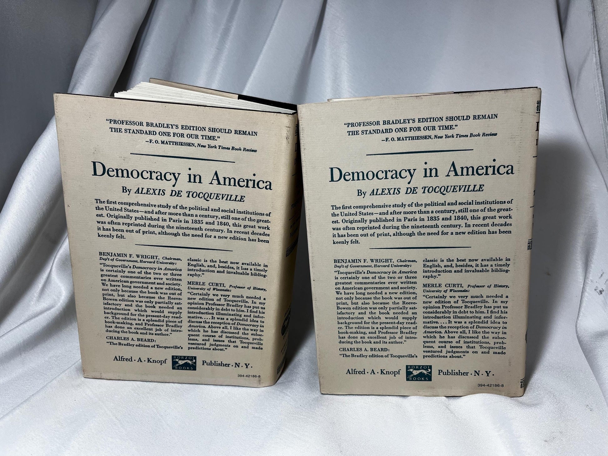 Democracy in America Hardcover Books Set, Volumes I & II, Alexis de Tocqueville, 17th Printing 1989, US Edition