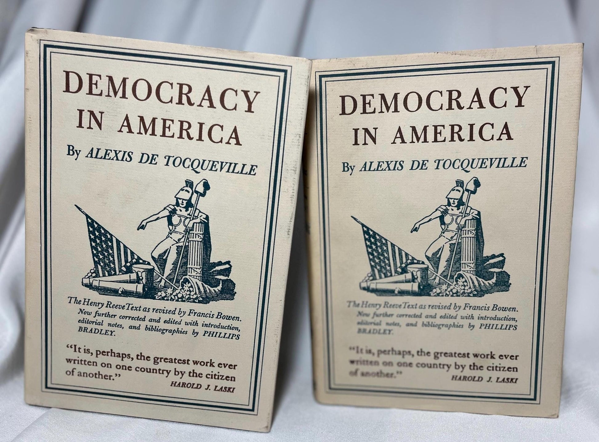 Democracy in America Hardcover Books Set, Volumes I & II, Alexis de Tocqueville, 17th Printing 1989, US Edition