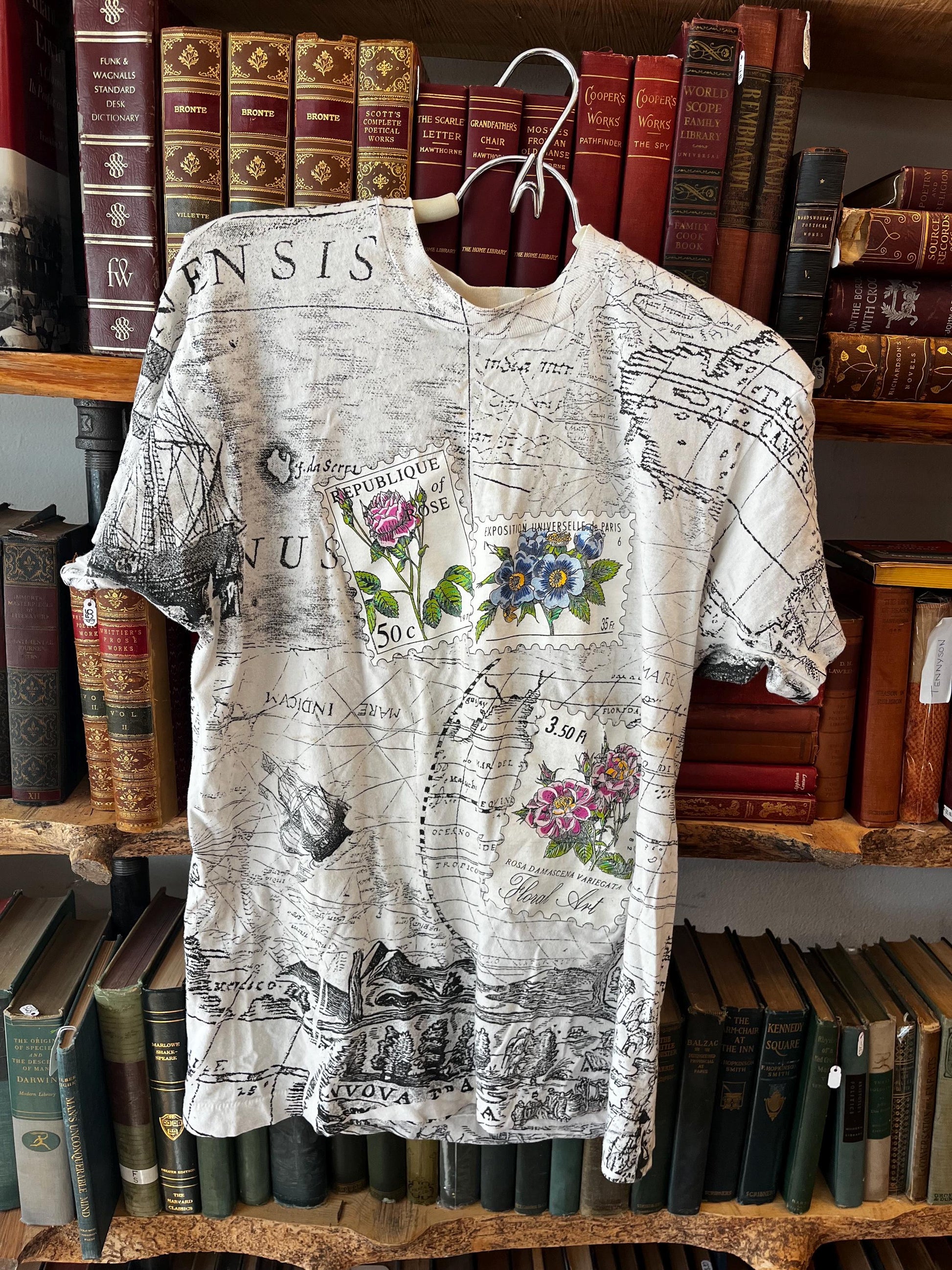 Vintage AOP Map Ocean Flower Stamp Tee, Graphic T-shirt, Map Shirt, Single Stitch Tee, Retro Style