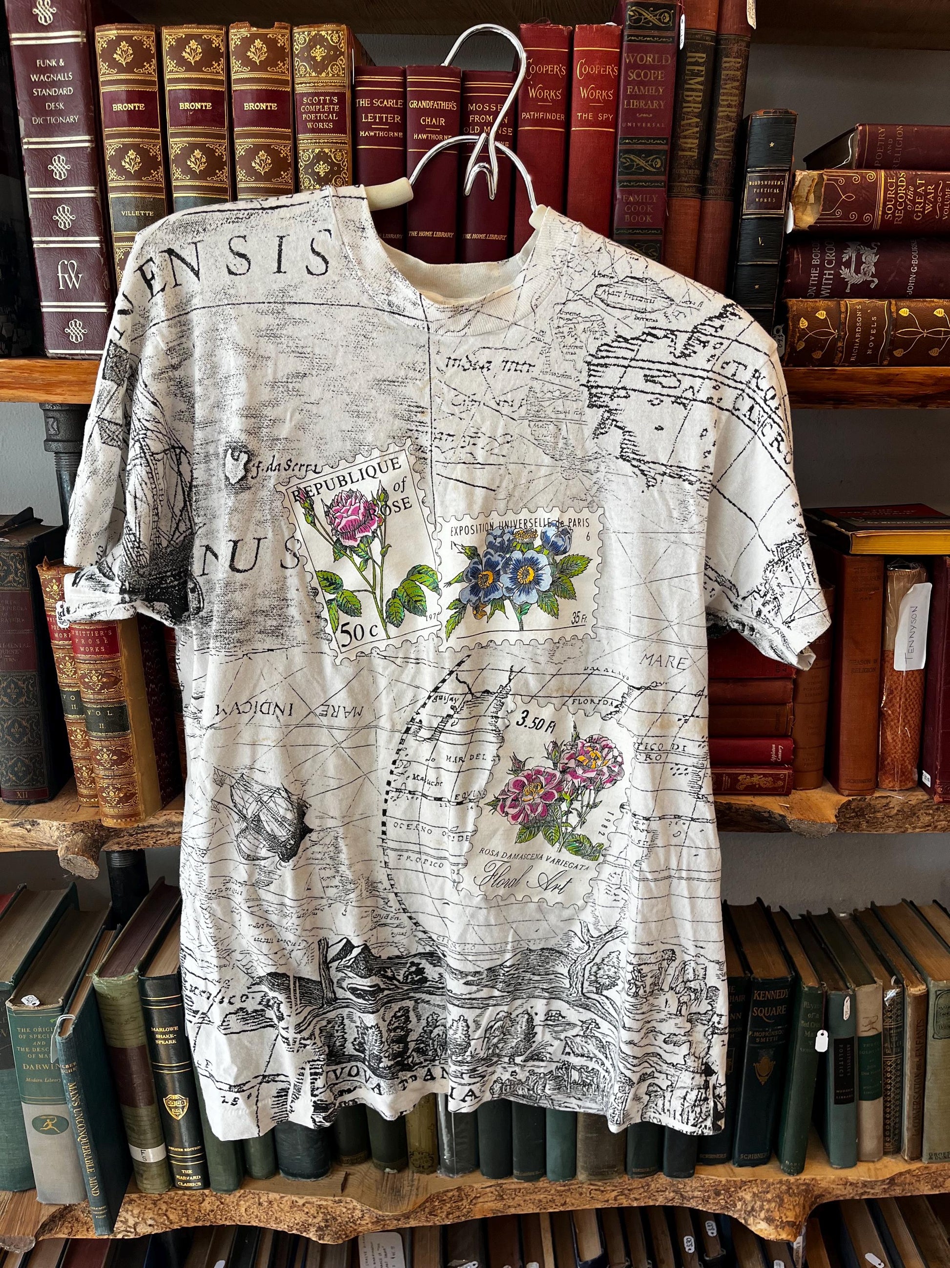 Vintage AOP Map Ocean Flower Stamp Tee, Graphic T-shirt, Map Shirt, Single Stitch Tee, Retro Style