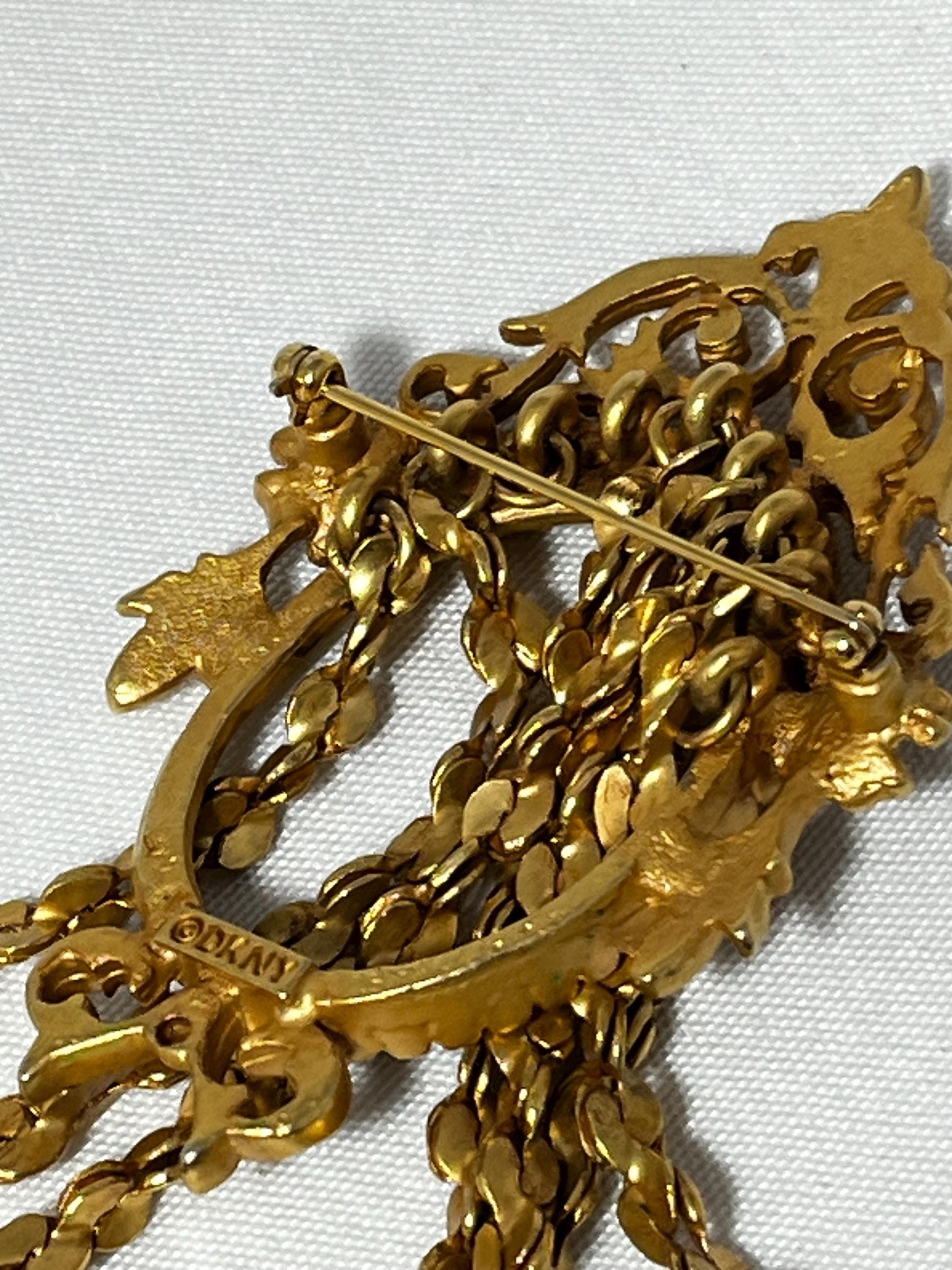 Rare Gold Tone DKNY Frame Brooch, Chain Detail, Donna Karan Jewelry, Elegant Gift