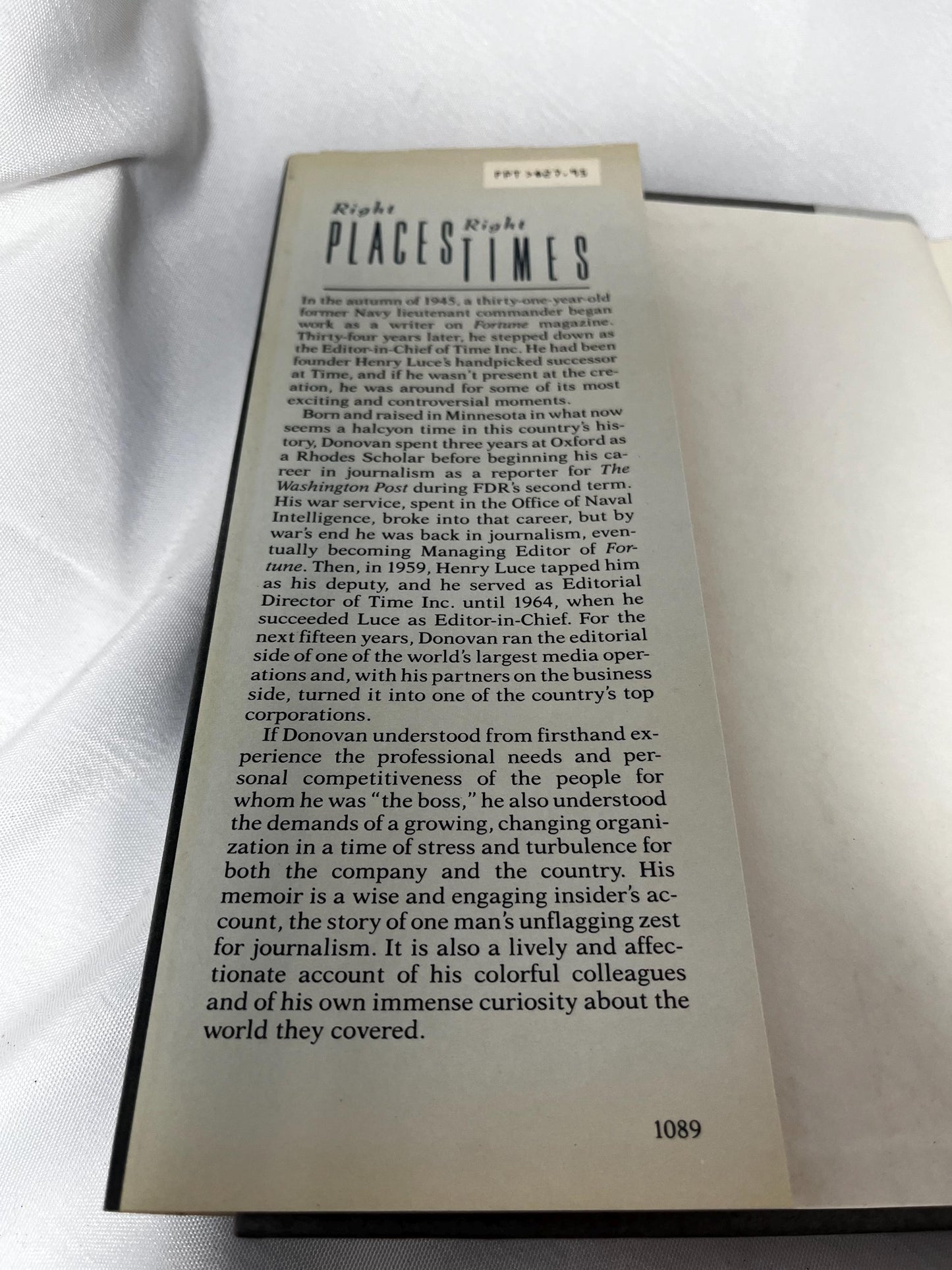 Right Places Right Times Hardcover Book 1989, Journalism Memoir by Hedley Donovan, News Reporter Gift