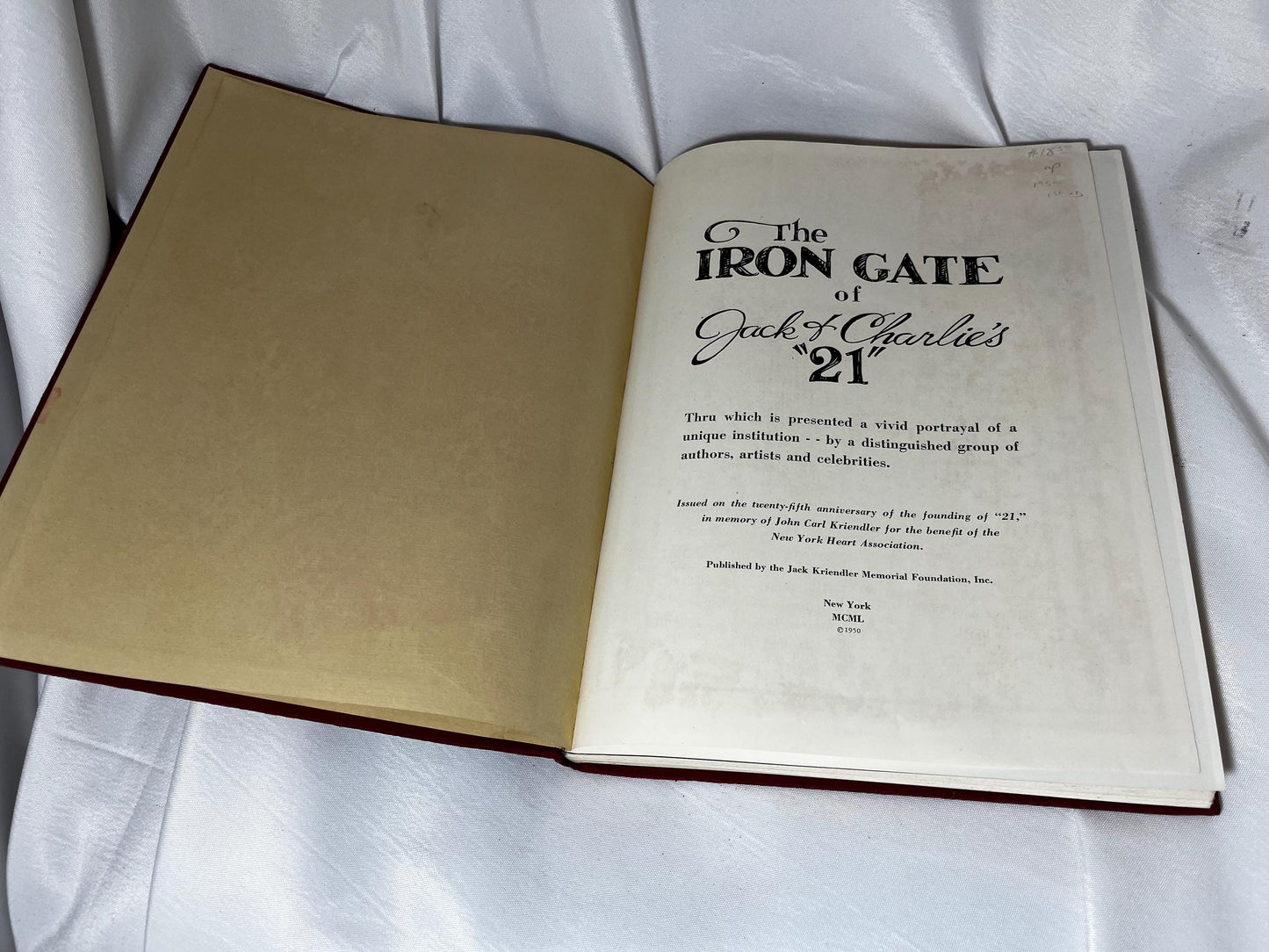 Vintage 1950 Hardcover Iron Gate Jack & Charlie’s '21’, Various Authors Artists, 21 Club Memorabilia