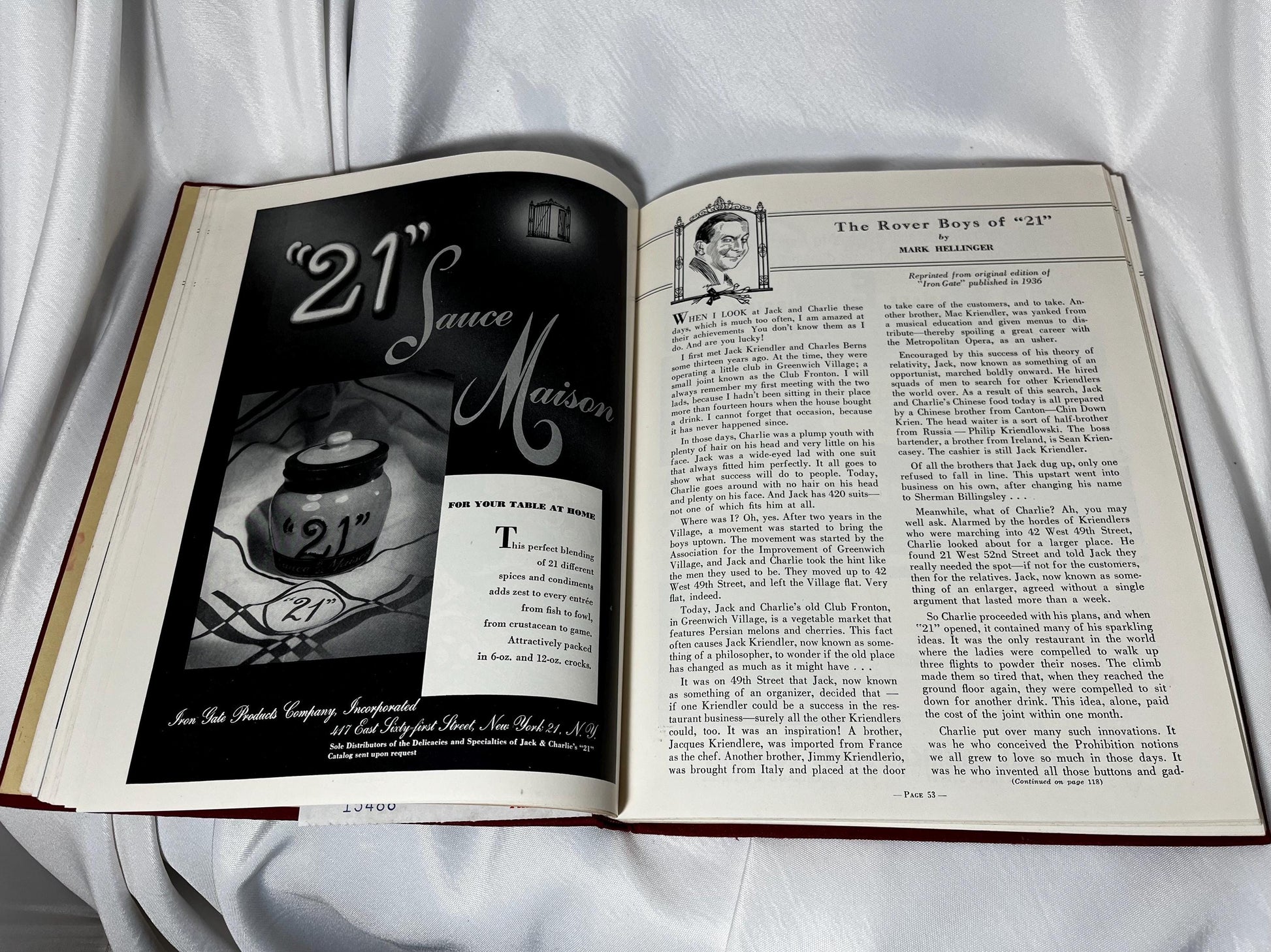 Vintage 1950 Hardcover Iron Gate Jack & Charlie’s '21’, Various Authors Artists, 21 Club Memorabilia