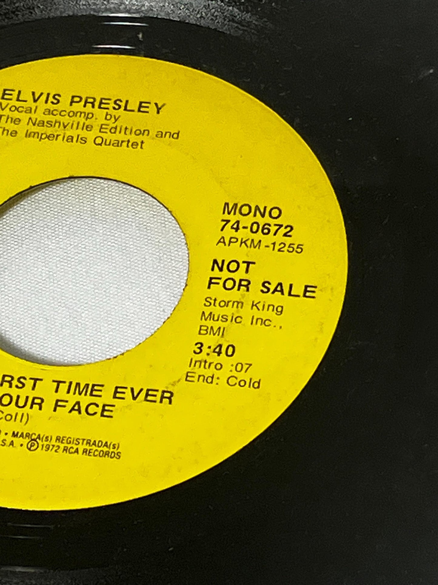 Elvis Presley 45 RPM Single Record "The First Time I Ever Saw Your Face/An American Trilogy" Rock Song