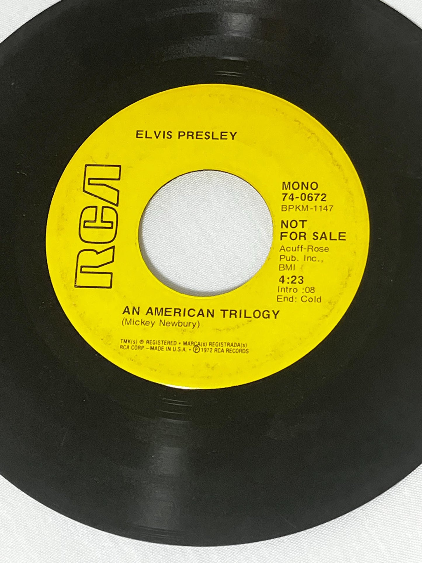 Elvis Presley 45 RPM Single Record "The First Time I Ever Saw Your Face/An American Trilogy" Rock Song