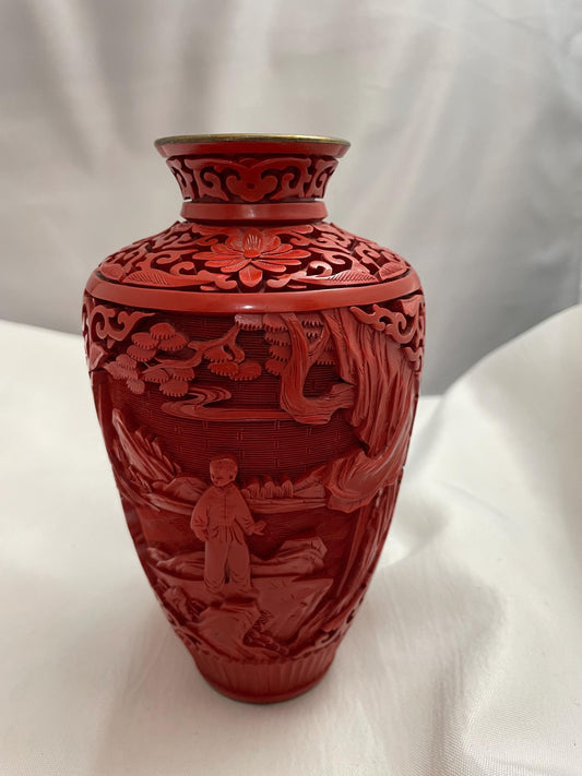Vintage Mid Century Red Cinnabar Laquer vase.