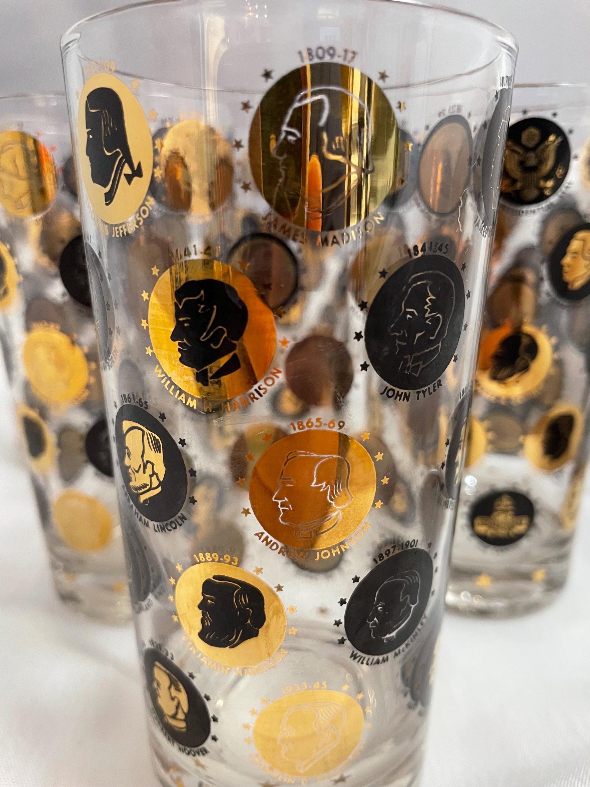 Mid Century Gold/Black coin Highball Glasses. set of 6.