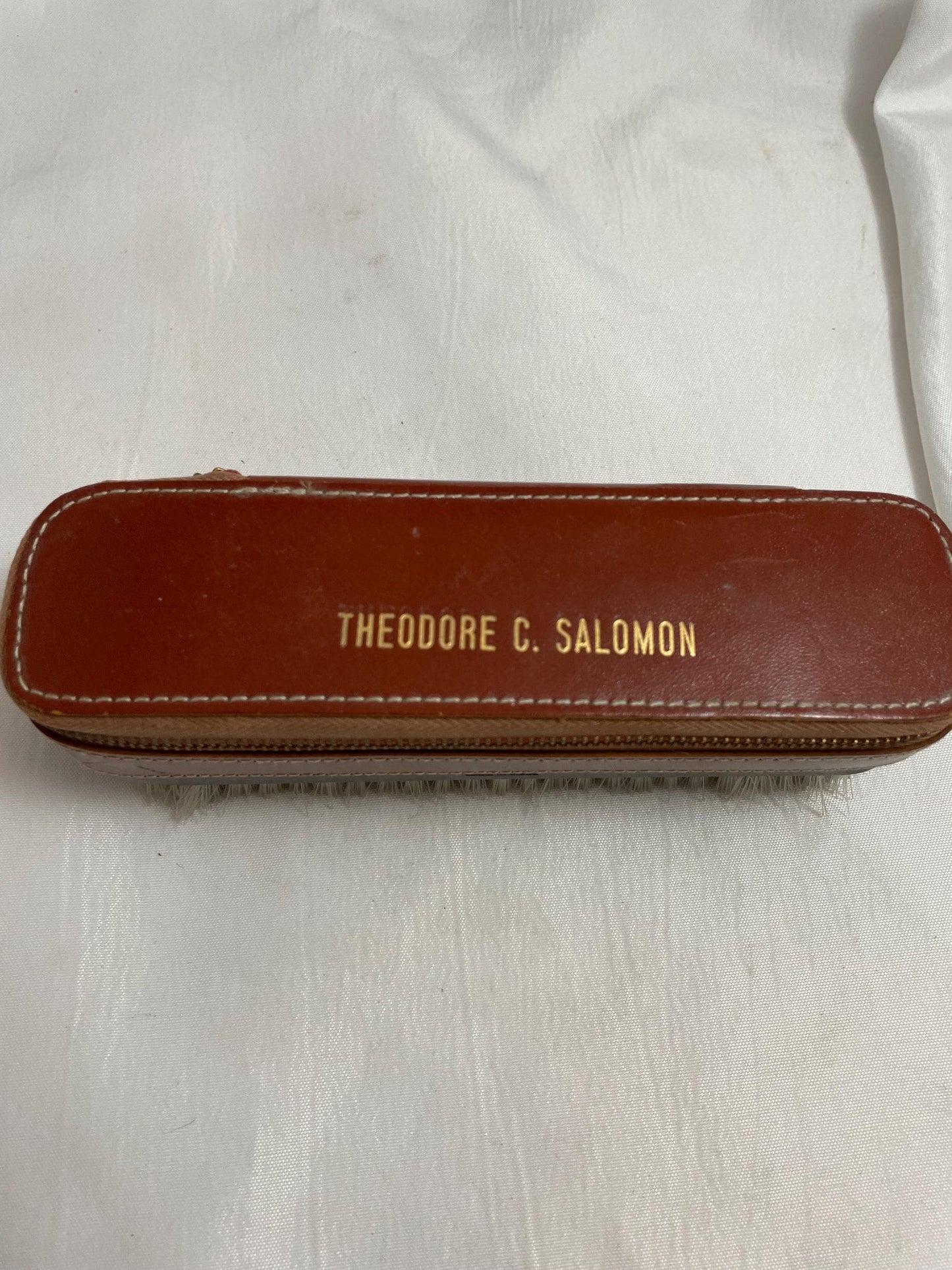 Vintage Theodore C. Salomon clothes/shoe brush W/ grooming accessories Leather zipped compartment.