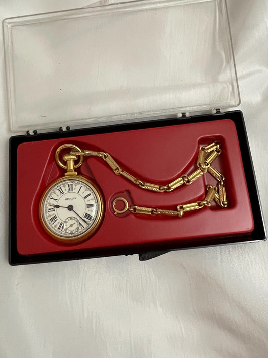 Vintage 1977 Westclox The Conductor Pocket watch W/chain.